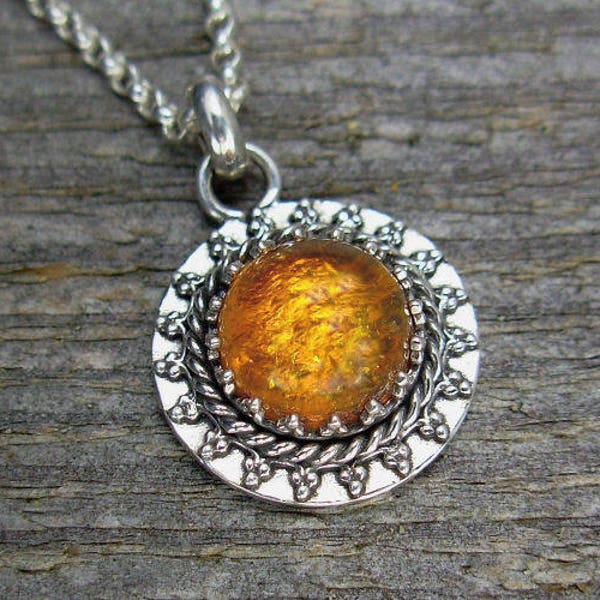 Silver and Amber Necklace - Small Filigree Amber Pendant