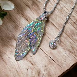 Fairy Wing Pendant Necklace Handmade - Iridescent Flashy Boho Fashion Statement Jewelry by Molly Harrison