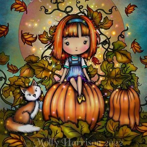 Fox in the Pumpkin Patch - Whimsical Art Print by Molly Harrison - Cute Fall Autumn Scene