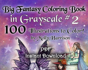 Big Fantasy Coloring Book in Grayscale #2 - 100 Pages - Instant Download - Fairies, Witches, Mermaids, Dragons, Unicorns and MORE!