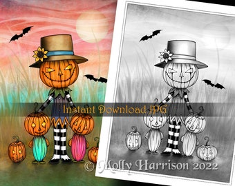 Pumpkin People Cute Whimsical Art - Grayscale Coloring Page - Molly Harrison - Printable Instant Download - Halloween Coloring Pages