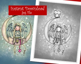 Instant Download JPG File - Twinkle Angel and Owl Grayscale - Coloring Page - by Molly Harrison