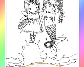 Whimsical Fairy and Mermaid Friends - Instant Download - Digital Stamp - Coloring Page - Digistamp -  Printable - Molly Harrison