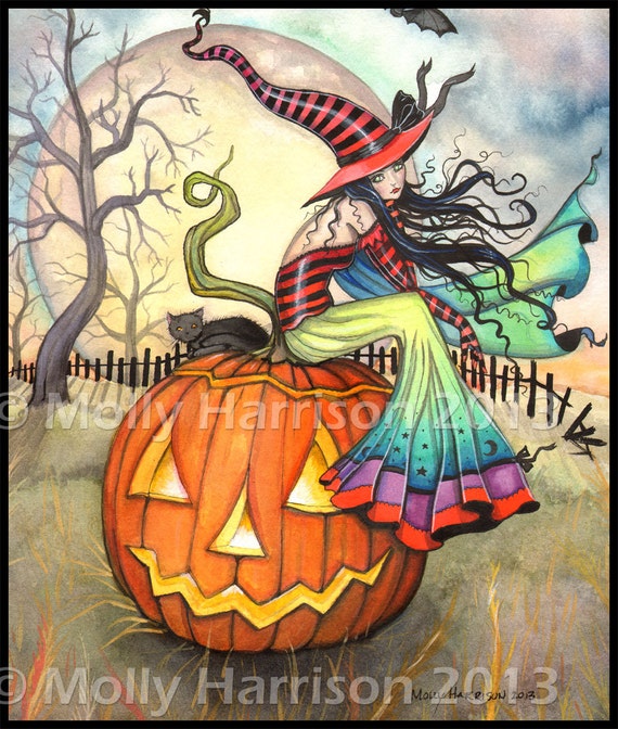 One Giant Pumpkin Art Original Witch Cat Halloween Archival | Etsy