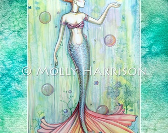 Bubbles - Mermaid Fantasy Art by Molly Harrison - Watercolor Illustration, archival print