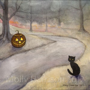 The Forgotten Path - Halloween Art - Black Cat and Jack-o-Lantern - Watercolor Giclee Print