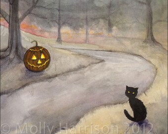 The Forgotten Path - Halloween Art - Black Cat and Jack-o-Lantern - Watercolor Giclee Print