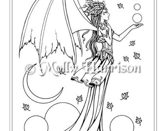 Autumn Vampire Fairy - Instant Download Printable - Halloween Line Art - Molly Harrison Fantasy Art