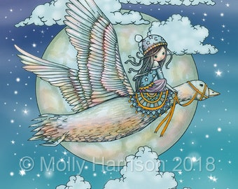 Goose Flight Print - Cute Little Girl on Goose before a full Moon - Whimsical Art by Molly Harrison