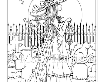 Witch Way  - Digital Stamp - Printable - Halloween Witch and Cat - Molly Harrison Fantasy Art - Digi stamp Coloring Page JPG - 8.5 x 11