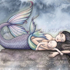 Mermaid Art Mermaid Print Sweet Moment of Bliss Mother and Baby Mermaids Nursery Art image 2