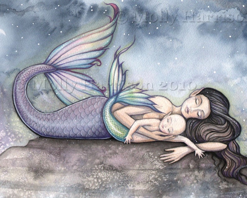 Mermaid Art Mermaid Print Sweet Moment of Bliss Mother and Baby Mermaids Nursery Art image 2