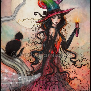 October Flame Halloween Witch and Black Cat Giclee Print of - Etsy