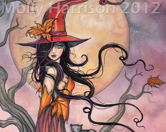 May include: A watercolor illustration of a witch with long black hair, wearing an orange and red dress and a pointed hat adorned with leaves. A black cat sits on a tree branch. The background features a full moon and autumn leaves.