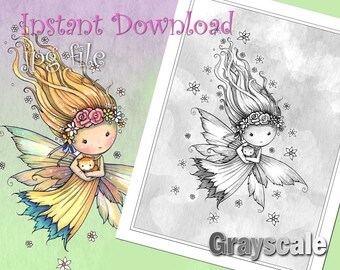 Fairy with Kitten GRAYSCALE - Printable Coloring Page -  Sweet Whimsical Fairy with Kitty - Molly Harrison Fantasy Art - Instant Download