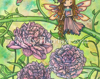 Peony Fairy Archival Print - Whimsical Art by Molly Harrison, Fairy, Fairies, Cute, Sweet