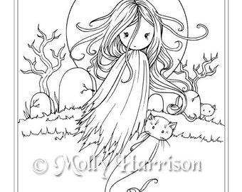 Whimsical Ghost Girl and Cat - Instant Download Printable - Halloween Fantasy - Molly Harrison Art -  Coloring Page JPG - 8.5 x 11