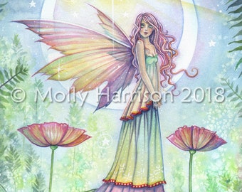 Wishing Star - Flower Fairy and Moon Watercolor Fine Art Fantasy Print by Molly Harrison