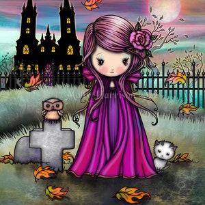 Little Violet Vampire Cat and Owl  - Cute Whimsical Fantasy Halloween Art Print by Molly Harrison