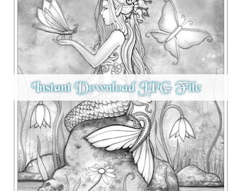 Creekside Magic Grayscale - Instant Download Printable Coloring Page Mermaid Illustration - Molly Harrison