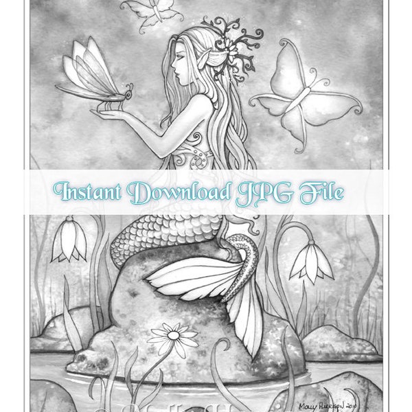 Creekside Magic Grayscale - Instant Download Printable Coloring Page Mermaid Illustration - Molly Harrison