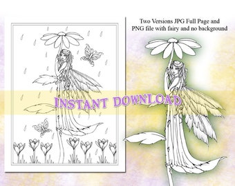 Fairy Coloring Page - Spring Rain - Two Files JPG and PNG - Fairy Art by Molly Harrison - Line art - Adult Coloring