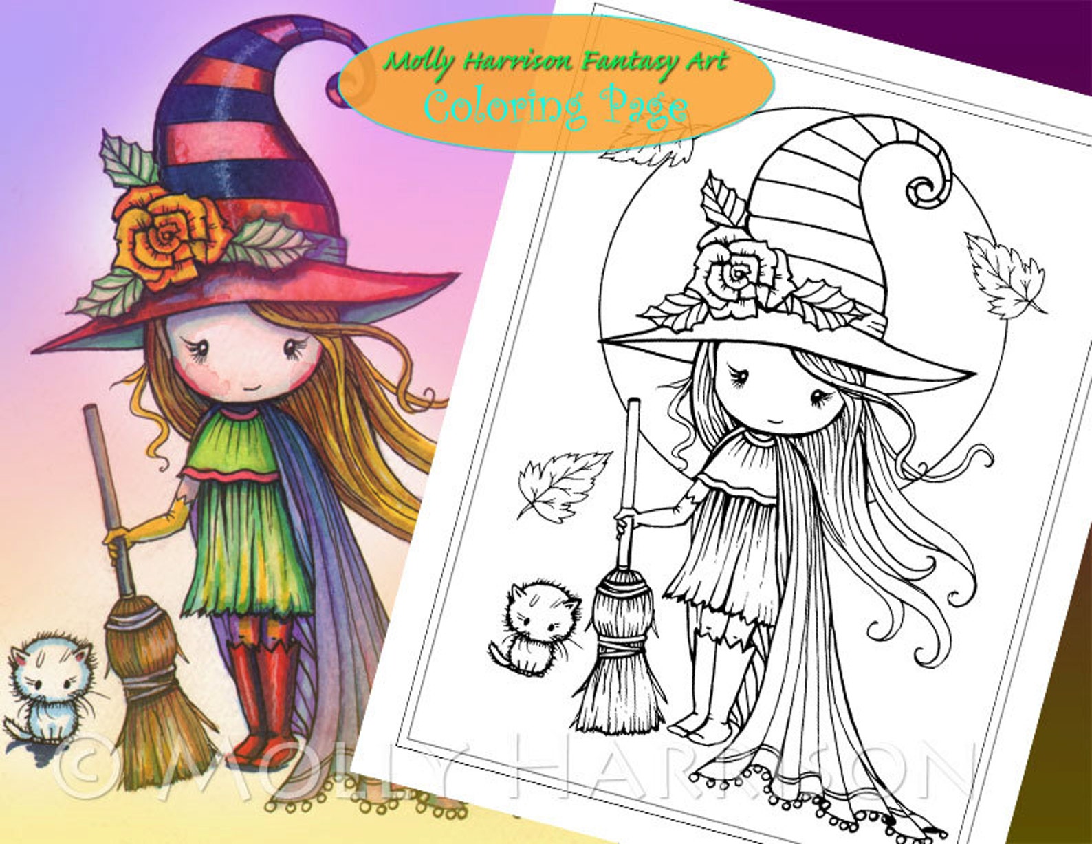 Little Halloween Witch With Broom Digital Stamp Printable - Etsy