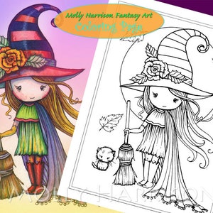 Little Halloween Witch with Broom - Digital Stamp - Printable - Molly Harrison Fantasy Art - Digi Stamp / Coloring Page - Instant Download