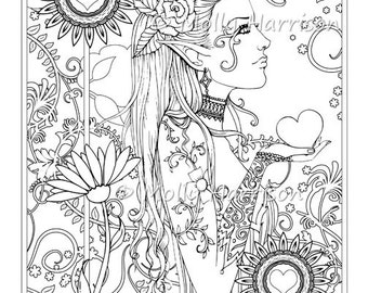 Heart Garden  - Digital Stamp - Printable - Hippie Floral Boho Bohemian - Molly Harrison Fantasy Art - Digistamp Coloring Page