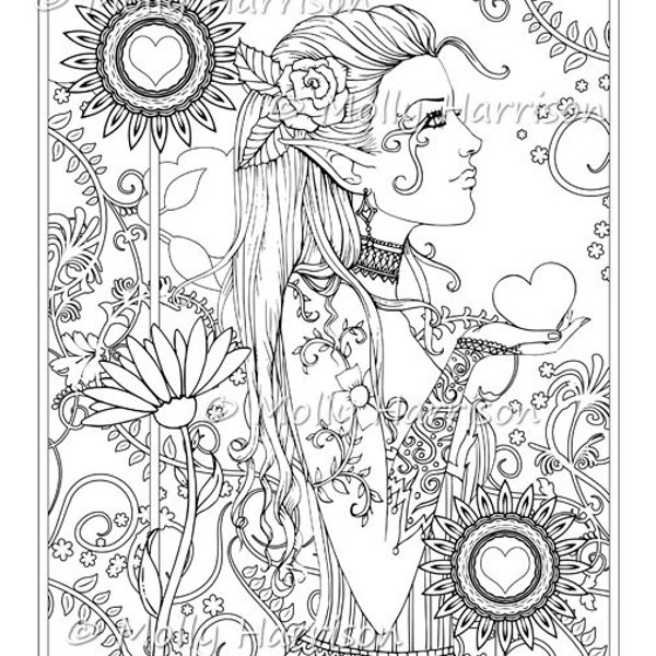 Heart Garden  - Digital Stamp - Printable - Hippie Floral Boho Bohemian - Molly Harrison Fantasy Art - Digistamp Coloring Page