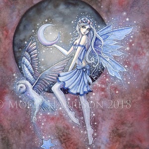Fairy Art Print Star Collectors Fairy and Owl Fantasy Art - Fairies, Faery, Owls, Celestial Artwork, Fine Art Giclee Print