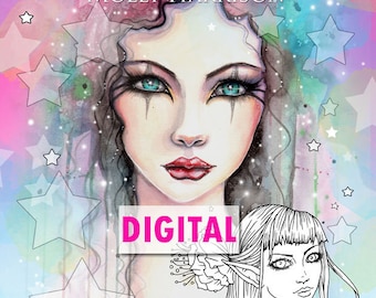May include: A digital colouring book with 25 images of fantasy faces. The cover features a colourful watercolour background with stars and a black and white line drawing of a woman's face. The title "Fantasy Faces" and the text "A Coloring Book For Adults and All Ages!" are written in black text. The author's name, "MOLLY HARRISON", is written in white text. The word "DIGITAL" is written in pink text. The text "25 Images to Color!" is written in black text.