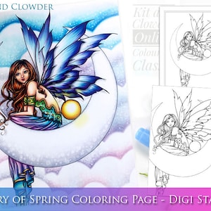 Kit and Clowder Class  -  Electra Fae - Digital Stamp - Printable - Fairy on Moon  - Molly Harrison Fantasy Art