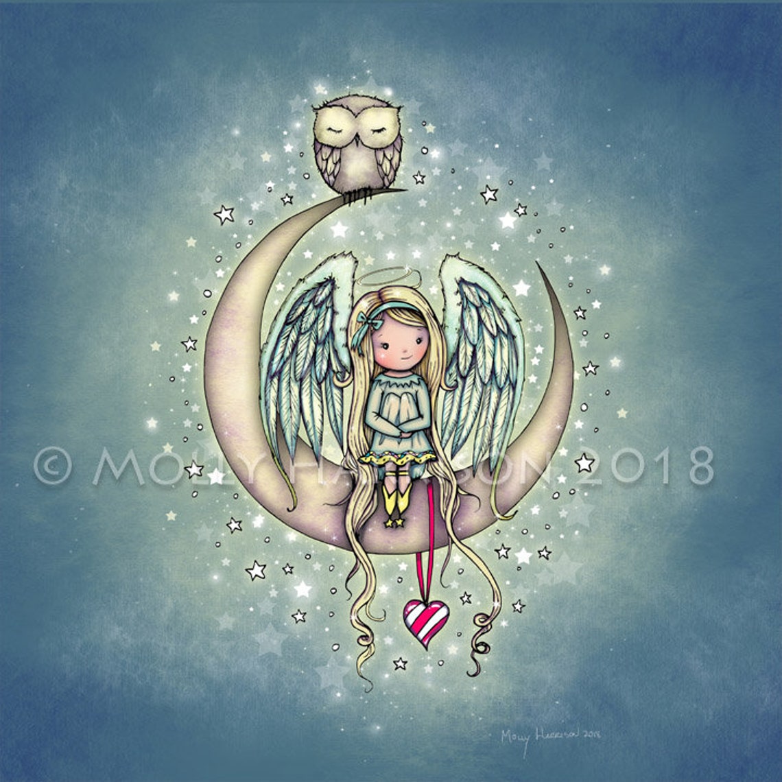 Twinkle Whimsical Angel and Owl Cute Angel and Owl on Moon | Etsy