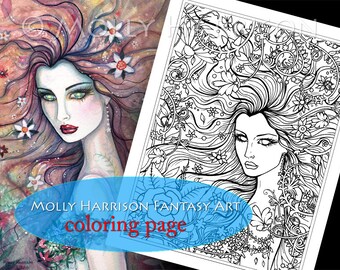 Chloris - Digital Stamp - Printable - Adult Coloring Page - Molly Harrison Fantasy Art - Digistamp Coloring Page - 8.5 x 11