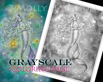 Sparkling Sea - Instant Download Printable Mermaid and Stars GRAYSCALE coloring page by Molly Harrison - 8.5 x 11 JPG file