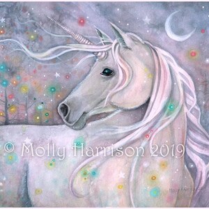 May include: A white unicorn with a long, flowing mane and tail stands in a forest with a crescent moon and stars in the background. The unicorn's horn is gold and the forest is filled with colorful lights.