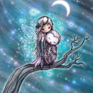 A Winter Night Print - Fairy and Sleepy Owl  - Whimsical Fantasy Art by Molly Harrison