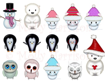 Cute Chirstmas Animals Clipart - LARGE PNG FILE -  Clip Art - Owls, Polar Bear, Kittens, Penguins - Instant Download