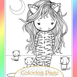 Little Tiger Girl and Kittens - Instant Download - Digital Stamp - Coloring Page - Digistamp -  Printable - Molly Harrison