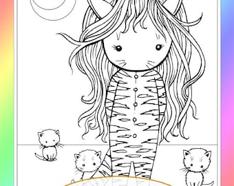 Little Tiger Girl and Kittens - Instant Download - Digital Stamp - Coloring Page - Digistamp -  Printable - Molly Harrison