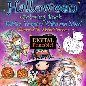 Printable Digital Download - Whimsical Halloween Coloring Book by Molly Harrison - Witches, Vampires, Cats and More!
