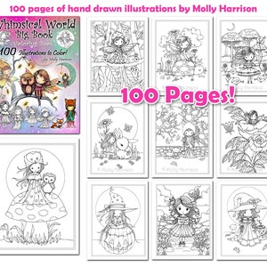 May include: A coloring book cover with 100 pages of whimsical illustrations. The cover features a fairy with wings and a fox. The title of the book is "Whimsical World Big Book Coloring Book".