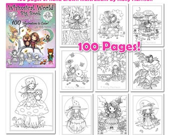 Whimsical World Big Book - 100 Pages Instant Download - Digital Printable Coloring book PDF - Cute Fairies, Angels, Mermaids, Witches