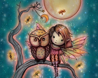 Whimsical Fairy with Owl and Fireflies Fine Art Print by Molly Harrison