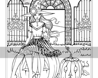 Witch sitting on Pumpkin - Instant Download Printable - Halloween Witch and Cats - Molly Harrison Fantasy Art - Coloring Page JPG - 8.5 x 11