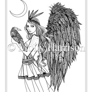 Crow Maiden Simple - Instant Download Printable -  Line Art to Color - Molly Harrison Fantasy Art - Coloring Page JPG - 8.5 x 11