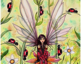Ladybug Fairy - Flower Fairy with Ladybugs Fantasy Artwork Illustration by Molly Harrison - Archival Print