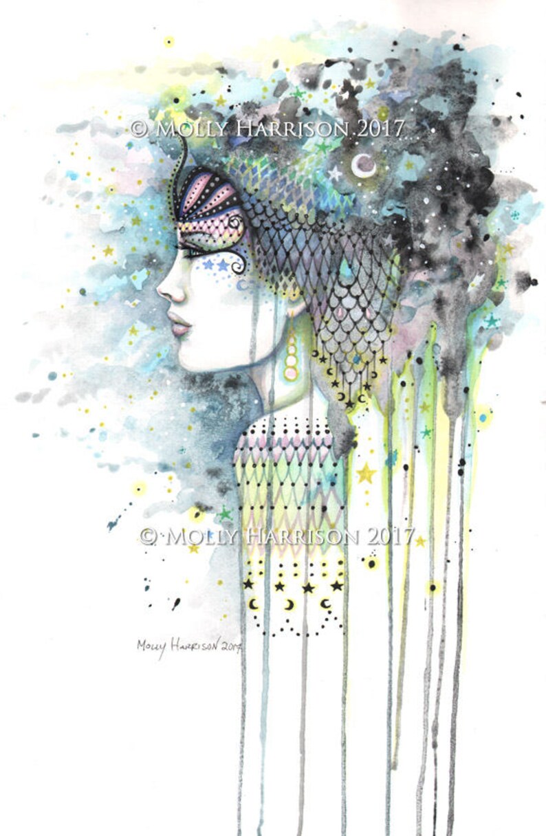 Sky Gypsy Original Art Watercolor and Mixed Media Painting by Molly Harrison Bohemian, Boho, Artwork, Art, Fantasy image 2