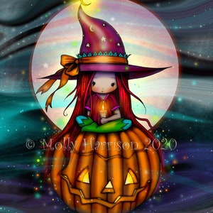Halloween Night Print - Little Witch Sitting on Jack-o-lantern print - Whimsical Fantasy Art by Molly Harrison